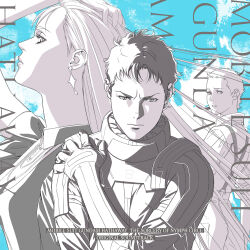  1boy 2girls absurdres album_cover artist_request commentary_request cover earrings emerelda_zubin english_text gigi_andalusia gundam gundam_hathaway's_flash hathaway_noa highres jewelry long_hair looking_at_viewer mafti_nabiyu_erin mecha_pilot_suit multiple_girls official_art science_fiction serious short_hair 