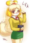  1girl animal_ears artist_name bell bespectacled blonde_hair blush breasts brown_eyes cardigan clipboard dated dog_ears dog_tail doubutsu_no_mori furry glasses hair_bell hair_ornament multicolored_hair pince-nez red-framed_glasses scrunchie semi-rimless_glasses shizue_(doubutsu_no_mori) skirt sky_kain smile solo tail taut_clothes topknot two-tone_hair under-rim_glasses 