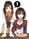  2girls bread bread_in_mouth food mikasa_ackerman multiple_girls sasha_browse shingeki_no_kyojin short_hair suminosumire 