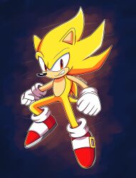  1boy absurdres animal_nose ankle_cuffs artist_name blue_background clenched_hands clenched_teeth commentary english_commentary full_body furry furry_male gloves glowing hedgehog_boy highres leg_up looking_at_viewer male_focus midair outline red_eyes red_shoes serious shoes solo sonic_(series) sonic_the_hedgehog super_sonic tail teeth tsurime twitter_username waitochan white_ankle_cuffs white_gloves white_outline yellow_fur 