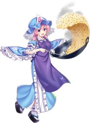  1girl apron blue_hat blue_kimono cooking food fried_rice frilled_kimono frills game_cg hat highres holding holding_ladle japanese_clothes kimono ladle long_sleeves mob_cap official_art open_mouth petal_print pink_eyes pink_hair print_kimono purple_apron rotte_(1109) saigyouji_yuyuko saigyouji_yuyuko_(tiny_ghost_mistress) sandals sleeve_garter smile socks solo tasuki third-party_source touhou touhou_lostword transparent_background triangular_headpiece white_socks wide_sleeves wok 