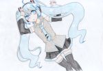  1girl absurdres black_legwear blue_eyes blue_hair colored detached_sleeves hatsune_miku highres long_hair looking_at_viewer necktie skirt solo sudou-akira thigh-highs traditional_media twintails very_long_hair vocaloid 