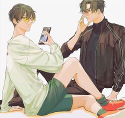  2boys adjusting_eyewear black_hair black_jacket black_pants black_sweater casual curtained_hair green_shorts green_sock hair_between_eyes hand_on_floor heart heart-shaped_eyewear highres holding holding_phone jacket kim_dokja long_sleeves looking_at_viewer multiple_boys omniscient_reader's_viewpoint open_clothes open_jacket orange-tinted_eyewear pants phone red_shoes shirt shoes short_hair shorts sitting striped_clothes striped_jacket sweater tinted_eyewear white_background white_shirt xiaotujiii yellow-tinted_eyewear yoo_joonghyuk 
