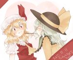  2girls blonde_hair blush closed_eyes dated fang flandre_scarlet green_hair hat karua_m komeiji_koishi multiple_girls pocky_day red_eyes touhou 