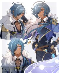  1boy ^_^ absurdres antenna_hair armband belt black_gloves blue_armband blue_eyes blue_hair blue_vest blush border bracelet brown_belt cape character_name cleavage_cutout closed_eyes closed_mouth clothing_cutout collared_shirt commentary dark-skinned_male dark_skin earrings english_commentary english_text eyepatch fingerless_gloves floating_hair flying_sweatdrops fur-trimmed_cape fur_trim genshin_impact gloves gold_trim grey_background grey_cape grey_pants grin hair_between_eyes hair_over_one_eye hair_over_shoulder hand_up highres jewelry kaeya_(genshin_impact) lapels long_hair long_sleeves looking_at_viewer low_ponytail male_focus multicolored_hair multiple_views one_eye_covered outside_border pants parted_bangs pectoral_cleavage pectorals perdizzion ponytail shirt simple_background single_earring smile spiked_bracelet spikes standing streaked_hair studded_belt upper_body vest vision_(genshin_impact) white_border white_shirt 