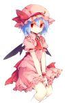  1girl bat_wings blue_hair dress hat kazeharu looking_at_viewer red_eyes remilia_scarlet short_hair short_sleeves simple_background skirt solo touhou v_arms white_background wings wrist_cuffs 