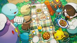 1girl bottle character_request closed_eyes cup drifblim food glasses grass hair_over_one_eye highres holding holding_plate indie_virtual_youtuber itou_life_(vtuber) mismagius onigiri open_mouth outdoors paper_plate plate pokemon quagsire red_eyes riolu shrimp torkoal trapinch wrbs