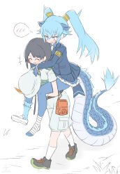  2girls ankle_wrap black_boots black_hair blue_eyes blue_gloves blue_hair blue_jacket blue_pantyhose blue_shirt blue_skirt boots captain_(kemono_friends) carrying collared_shirt commentary_request dragon_ears dragon_girl dragon_horns dragon_tail extra_ears frilled_skirt frilled_sleeves frills gloves green_shirt grey_shirt grey_shorts hair_between_eyes horns isso_kanda jacket kemono_friends kemono_friends_3 long_hair long_sleeves multiple_girls necktie pantyhose piggyback pleated_skirt safari_jacket seiryuu_(kemono_friends) shirt short_hair shorts sidelocks simple_background skirt socks spoken_blush tail twintails two-tone_shirt white_gloves white_necktie white_socks 