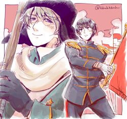  2boys artist_name axis_powers_hetalia black_gloves black_hair black_hat black_jacket black_pants blush border brown_eyes closed_mouth commentary_request cowboy_shot epaulettes gloves grey_hair gun hair_between_eyes hand_up hat hikanika holding holding_gun holding_sword holding_weapon imperial_japanese_army jacket japan_(hetalia) katana long_sleeves looking_at_another male_focus mandarin_collar medal military military_jacket military_uniform multiple_boys outside_border pants pink_background red_flag rifle russia_(hetalia) sash scarf short_hair simple_background smile sniper_rifle soviet_army standing star_ornament sweatdrop sword upper_body ushanka v-shaped_eyebrows violet_eyes weapon white_border white_gloves white_sash white_scarf 