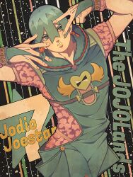  1boy absurdres aqua_bridal_gauntlets aqua_eyes aqua_hair aqua_overalls belt braid bridal_gauntlets character_name commentary_request earrings fingernails grey_belt grey_hair hair_between_eyes hair_ornament heart_ornament highres hood hood_down hooded_overalls jewelry jodio_joestar jojo_no_kimyou_na_bouken long_bangs looking_at_viewer male_focus multicolored_hair overalls parted_lips pink_shirt shirt short_hair side_braid single_braid single_earring siniy solo star_(symbol) star_hair_ornament the_jojolands two-tone_hair v wing_ornament 
