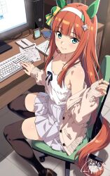  1girl animal_ears at_computer bare_shoulders black_thighhighs blue_eyes blunt_bangs blush bow brown_cardigan cardigan chair closed_mouth collarbone computer computer_keyboard computer_tower desk ear_bow ear_covers from_above hair_ornament hairband highres hime_cut horse_ears horse_girl horse_tail indoors kibidango_14-gou long_hair long_sleeves looking_at_viewer looking_back monitor off_shoulder office_chair on_chair open_cardigan open_clothes orange_hair orange_tail pleated_skirt sex sex_from_behind silence_suzuka_(umamusume) sitting skirt sleeves_past_wrists smile solo swivel_chair tail tank_top thigh-highs umamusume white_hairband white_skirt white_tank_top 