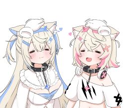  2girls absurdres animal_ear_fluff animal_ears bandaid bandaid_hair_ornament blonde_hair blue_hair collar disembodied_hand dog_ears dog_girl fake_horns fuwawa_abyssgard fuwawa_abyssgard_(1st_costume) hair_ornament hairband headphones headphones_around_neck highres hololive hololive_english horn_hairband horns long_hair mococo_abyssgard mococo_abyssgard_(1st_costume) multicolored_hair multiple_girls open_mouth petting pink_hair pink_hairband siblings sisters snowmya streaked_hair twins virtual_youtuber white_background x_hair_ornament 