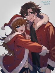  1boy 1girl byakuroku35 character_request christmas duke_fleed grendizer_u hat highres long_hair looking_at_viewer mazinger_(series) one_eye_closed open_mouth pleated_skirt santa_hat simple_background skirt smile ufo_robo_grendizer 