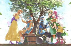  3boys 3girls armor aviator_cap aviator_goggles back_bow bare_shoulders barrel bench black_bodysuit black_pantyhose blue_eyes blue_gloves blue_hat blue_tunic bodysuit boots bow brown_boots cape capelet cloak couple dragon_quest dragon_quest_i dragon_quest_ii dress fake_horns falling_leaves full_body gloves goggles goggles_on_head green_boots green_cloak green_gloves green_tabard hat helmet hero_(dq1) hetero high_heels highres holding holding_hands holding_jewelry holding_necklace holding_staff horned_helmet horns jewelry leaf leaning_forward long_dress long_hair multiple_boys multiple_girls necklace open_mouth orange_bodysuit orange_cape orange_hair pantyhose pink_boots pink_capelet pink_hat pouch prince_of_lorasia prince_of_samantoria princess_laura princess_of_moonbrook princess_of_samantoria puffy_short_sleeves puffy_sleeves pumps purple_hair purple_shoes red_trim robe roto's_emblem shield shoes short_hair short_sleeves shoulder_armor sitting smile somehira_katsu staff sword tabard tiara tree tunic under_tree weapon white_boots white_gloves white_robe yellow_dress 