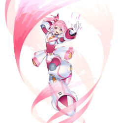  1girl alternate_color armor bodysuit breasts buzzsaw_(6631455) full_body headset highres mega_man_(series) mega_man_x_(series) mega_man_x_dive pink_armor pink_bodysuit pink_eyes pink_hair rico_(mega_man) robot_girl side_ponytail simple_background solo white_background 