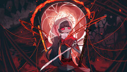 1girl :< absurdres black_hair bridal_veil commentary_request deformed e.g.o_(project_moon) fire full_body highres holding holding_sword holding_weapon japanese_clothes kimono korean_commentary limbus_company long_hair looking_at_viewer planted planted_sword project_moon red_eyes ryoshu_(project_moon) shiromuku solo sword teko1193 uchikake veil weapon 