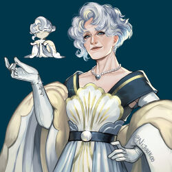  1girl asymmetrical_hair belt black_belt blue_background blue_eyes collarbone commentary cookie_run cookie_run:_kingdom curly_hair dress elbow_gloves english_commentary from_below gloves grey_dress grey_hair hair_behind_ear hand_on_own_hip hand_up humanization jewelry lips long_sleeves looking_at_viewer mature_female necklace nijuuni oyster_cookie parted_lips pearl_necklace realistic simple_background smile solo sparkle twitter_username upper_body white_gloves wrinkled_skin 