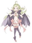  1girl ahoge blush cape circlet fire_emblem gloves green_hair hanokage long_hair navel nowi_(fire_emblem) open_mouth pointy_ears smile solo thighhighs violet_eyes 