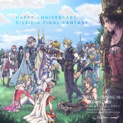  4girls 6+boys animal_ears anniversary armband armor baggy_pants bandaged_arm bandages bare_shoulders bartz_klauser beard_stubble belt black_armband black_boots black_cloak black_hair black_jacket black_pantyhose blonde_hair blue_cape blue_eyes blue_pants blue_shirt blue_vest boots breasts brown_belt cape cat_ears cat_tail cecil_harvey clive_rosfield cloak closed_eyes cloud_strife commentary_request cropped_vest detached_sleeves dissidia_duellum_final_fantasy dissidia_final_fantasy dress facial_hair fake_horns final_fantasy final_fantasy_ii final_fantasy_iii final_fantasy_iv final_fantasy_ix final_fantasy_v final_fantasy_vi final_fantasy_vii final_fantasy_viii final_fantasy_x final_fantasy_xi final_fantasy_xiii final_fantasy_xiv final_fantasy_xv final_fantasy_xvi fingerless_gloves firion fur-trimmed_jacket fur_trim gloves gradient_cape green_hair grey_hair hair_ribbon headscarf helmet highres hood hood_down horned_helmet horns hug in-franchise_crossover jacket jewelry kneeling lightning_farron low_ponytail medium_breasts metal_gloves midriff miqo'te multiple_boys multiple_girls necklace noctis_lucis_caelum onion_knight outdoors pants pantyhose parted_bangs parted_lips pauldrons pink_cape pink_hair pink_ribbon plume ponytail print_pantyhose red_armor red_cape red_dress red_helmet red_sleeves red_vest ribbon shantotto shirt short_hair shoulder_armor single_pauldron sitting sleeveless sleeveless_turtleneck smile spiky_hair squall_leonhart stubble suspenders sweatdrop tail tarutaru terra_branford tidus tree turtleneck twintails twitter_username vaan_(ff12) vest warori_anne warrior_of_light_(ff1) white_cape white_shirt white_vest y'shtola_rhul yellow_cape zidane_tribal 