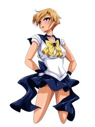  1girl 2013 aryiane bishoujo_senshi_sailor_moon blodne_hair blue_eyes bow choker circlet dated earrings gloves hands_on_hips highres jewelry lips miniskirt sailor_uranus short_hair signature simple_background skirt solo ten&#039;ou_haruka transparent_background 