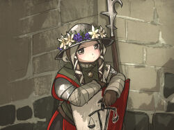  1girl armor brick_wall brown_eyes brown_gloves brown_hair commentary english_commentary expressionless flora_sister_(ironlily) flower gambeson gloves hair_ribbon helmet ironlily jewelry long_hair medieval necklace ordo_mediare_sisters_(ironlily) outdoors pauldrons ribbon shield shoulder_armor sidelocks solo standing upper_body white_ribbon 