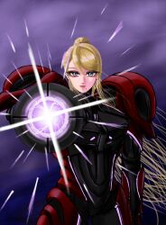  1girl absurdres armor blonde_hair blue_eyes body_armor firing glowing glowing_armor glowing_weapon highres leeyujin2501 long_hair metroid metroid_(creature) metroid_prime_(creature) metroid_prime_1 metroid_prime_4:_beyond ponytail powering_up red_armor samus_aran solo standing weapon 