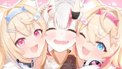  3girls :3 :d absurdres animal_ear_fluff animal_ears belt black_kimono blonde_hair blue_eyes closed_eyes commentary dog_ears dog_girl dot_nose fake_horns fang fuwawa_abyssgard fuwawa_abyssgard_(1st_costume) hair_between_eyes hair_between_horns hair_ornament headphones headphones_around_neck heart highres hololive hololive_english horns hug japanese_clothes kimono light_blush long_hair mk_haku mococo_abyssgard mococo_abyssgard_(1st_costume) multicolored_hair multicolored_kimono multiple_girls nakiri_ayame nakiri_ayame_(8th_costume) official_alternate_costume oni open_mouth pink_background red_hair siblings simple_background sisters skin_fang smile virtual_youtuber white_hair white_kimono x_hair_ornament 