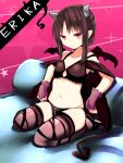  1girl brown_hair character_name demon_girl fingerless_gloves frown gloves horns looking_at_viewer naomi_(sekai_no_hate_no_kissaten) navel original pink_background pointy_ears red_eyes seiza sitting succubus tail thighhighs wings zipper 