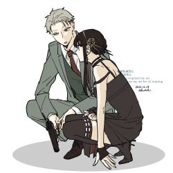  1boy 1girl absurdres akdk831 bare_shoulders black_boots black_dress black_hair black_shoes blonde_hair boots breasts collared_shirt dated dress earrings flower full_body gold_earrings gold_hairband green_vest grey_jacket grey_pants grey_suit gun hair_flower hair_ornament hair_stick hairband handgun high_heel_boots high_heels highres holding holding_gun holding_weapon jacket jewelry listening long_hair looking_to_the_side medium_breasts necktie pants parted_bangs parted_lips red_necktie shirt shoes short_hair sidelocks signature spy_x_family squatting suit talking thigh_boots twilight_(spy_x_family) updo vest waistcoat weapon white_background white_shirt yor_briar 