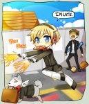  1girl aegis android blonde_hair blue_eyes bow dog kataro koromaru mouth_hold persona persona_3 school_uniform short_hair toast toast_in_mouth 