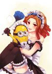  1boy alternate_costume black_legwear brown_hair crossdressinging despicable_me dress duster enmaided goggles goggles_on_head hairlocs inazuma_eleven inazuma_eleven_(series) kidou_yuuto long_hair maid maid_headdress male minion_(despicable_me) smile thighhighs trap 