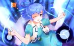  1girl blue_eyes blue_hair collarbone danmaku dress floral_print flower hagoromo hair_ornament hair_rings hair_stick kaku_seiga light_trail lightning looking_at_viewer motomayo open_mouth outstretched_arms shawl short_hair short_sleeves solo sparkle touhou vest wink 