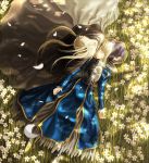  1boy 1girl ahoge armor armored_dress artist_request bedivere blonde_hair cape fate/stay_night fate_(series) field flower flower_field from_above long_hair saber sleeping 
