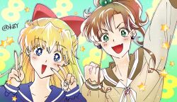  2girls aino_minako arm_up artist_name bishoujo_senshi_sailor_moon blonde_hair blue_eyes blue_sailor_collar bow brown_hair brown_sailor_collar commentary_request earrings fang green_eyes hair_bobbles hair_bow hair_ornament jewelry juuban_middle_school_uniform kino_makoto kino_makoto's_school_uniform kobeya_(tonari_no_kobeya) long_hair looking_at_viewer multiple_girls open_mouth red_bow sailor_collar school_uniform serafuku skin_fang star_(symbol) 