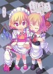  2girls alternate_costume apron blonde_hair closed_eyes enmaided fang flandre_scarlet hair_ribbon hat hat_removed headwear_removed holding_hands kawamura_tenmei maid maid_headdress mary_janes multiple_girls red_eyes ribbon rumia shoes skirt skirt_lift smile touhou translation_request wings wrist_cuffs 