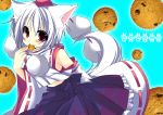  1girl animal_ears blush cookie detached_sleeves eating food hat hikanyan inubashiri_momiji looking_at_viewer polka_dot polka_dot_background pom_pom_(clothes) short_hair smile tail tokin_hat touhou violet_eyes white_hair wolf_ears wolf_tail 