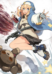  1boy bike_shorts bike_shorts_under_skirt black_shorts black_skirt blonde_hair blue_eyes bridget_(guilty_gear) chain commentary_request fingerless_gloves full_body gloves guilty_gear guilty_gear_strive hood hood_up jumping long_hair long_sleeves looking_at_viewer male_focus miniskirt object_belt open_mouth oversized_object puffy_long_sleeves puffy_sleeves roger_(guilty_gear) saeki_shun shirt shorts skirt smile solo stuffed_animal stuffed_toy teddy_bear teeth trap upper_teeth_only white_shirt yo-yo 