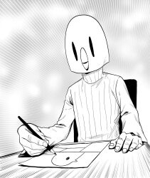  1boy artist_self-insert chair commentary drawing_(action) emphasis_lines greyscale highres lee_(dragon_garou) male_focus mask monochrome original pencil ribbed_sweater shirt solo sweater turtleneck turtleneck_shirt upper_body 