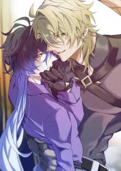 2boys ahoge belt black_belt black_gloves blonde_hair flins_(genshin_impact) genshin_impact gloves hand_on_another's_hip highres long_hair long_sleeves looking_at_another male_focus multiple_boys purple_shirt shirt smile teeth varka_(genshin_impact) yaoi yoidore_san