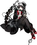  1girl black_gloves black_hair black_legwear celestia_rudenberk crossed_legs dangan_ronpa drill_hair flower frills gloves gothic_lolita hair_flower hair_ornament lolita_fashion long_hair pantyhose red_eyes sitting smile solo starshadowmagician thighband_pantyhose twin_drills twintails 