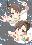  2girls bracelet brown_eyes brown_hair flower from_above futami_ami futami_mami grin hair_ribbon idolmaster jewelry looking_at_viewer multiple_girls mushiboy ponytail ribbon shoulderless_dress siblings side_ponytail sisters smile twins v 