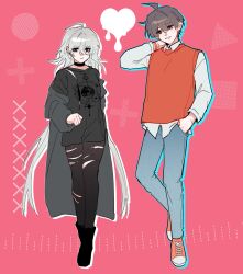  1boy 1girl ahoge black_boots black_choker black_pants black_shirt blue_pants boots choker coat coat_partially_removed commentary double-parted_bangs dreamycakesss english_commentary genderswap genderswap_(ftm) genderswap_(mtf) grey_coat grey_hair hair_between_eyes heart highres long_hair long_sleeves looking_at_viewer melting_heart open_mouth original pants pink_background red_shoes red_sweater_vest shirt shoes short_hair smile sweater_vest torn_clothes torn_pants torn_shirt white_shirt 