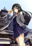  1girl absurdres airplane bag black_hair blazer blue_legwear bowtie brown_eyes east_asian_architecture food from_below fruit highres loafers long_hair miz open_mouth orange pleated_skirt scan school_uniform shoes shoulder_bag skirt socks solo 