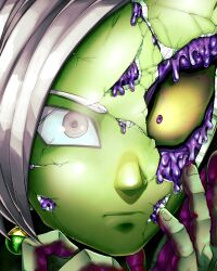  1boy absurdres close-up colored_skin cracked_kawaii_mask dragon_ball dragon_ball_super earrings fused_zamasu goketerhc green_skin highres jewelry potara_earrings purple_skin slime_(substance) solo white_hair zamasu 