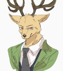  1boy absurdres animal_ears antlers ao_gravity beastars black_necktie brown_eyes closed_mouth coat commentary deer_antlers deer_boy deer_ears furry furry_male green_coat highres horns louis_(beastars) male_focus necktie smile upper_body white_background 