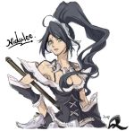  1girl black_hair breasts green_eyes high_ponytail jewelry kakip league_of_legends long_hair looking_at_viewer maid_headdress necklace nidalee polearm signature simple_background sketch solo spear tooth_necklace weapon white_background 