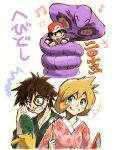  1boy 1girl arbok baseball_cap black_hair blush brown_eyes facepaint green_eyes grin hand_mirror hat japanese_clothes kasumi_(pokemon) kimono mirror orange_hair pikachu pokemon pokemon_(creature) pokemon_(game) pokemon_frlg pokemon_hgss red_(pokemon) rough sei_jun short_hair smile 