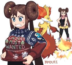  1girl anger_vein artist_name black_pantyhose black_shirt blue_eyes bright_pupils brown_hair christmas_sweater clenched_teeth commentary delphox double_bun fire hair_bun hand_on_own_hip highres holding holding_stick long_hair long_sleeves looking_down multiple_views pantyhose pointing pokemon pokemon_bw2 print_sweater rosa_(pokemon) shirt shoes short_shorts shorts sleeveless sleeveless_shirt stick sweater symbol-only_commentary teeth twintails v-shaped_eyebrows white_background white_pupils yamouri yellow_shorts 