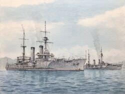  anchor atelier_bono battlecruiser clouds cloudy_sky commentary_request highres ikoma_(battlecruiser) imperial_japanese_navy mast military_vehicle no_humans ocean original painting_(medium) ship ship_turret sky smoke smokestack traditional_media warship watercolor_(medium) watercraft 