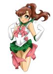  1girl 2013 aryiane bishoujo_senshi_sailor_moon bow brown_hair circlet clenched_hands dated elbow_gloves gloves green_eyes highres kino_makoto lips looking_at_viewer miniskirt ponytail sailor_jupiter signature simple_background skirt smile solo transparent_background 